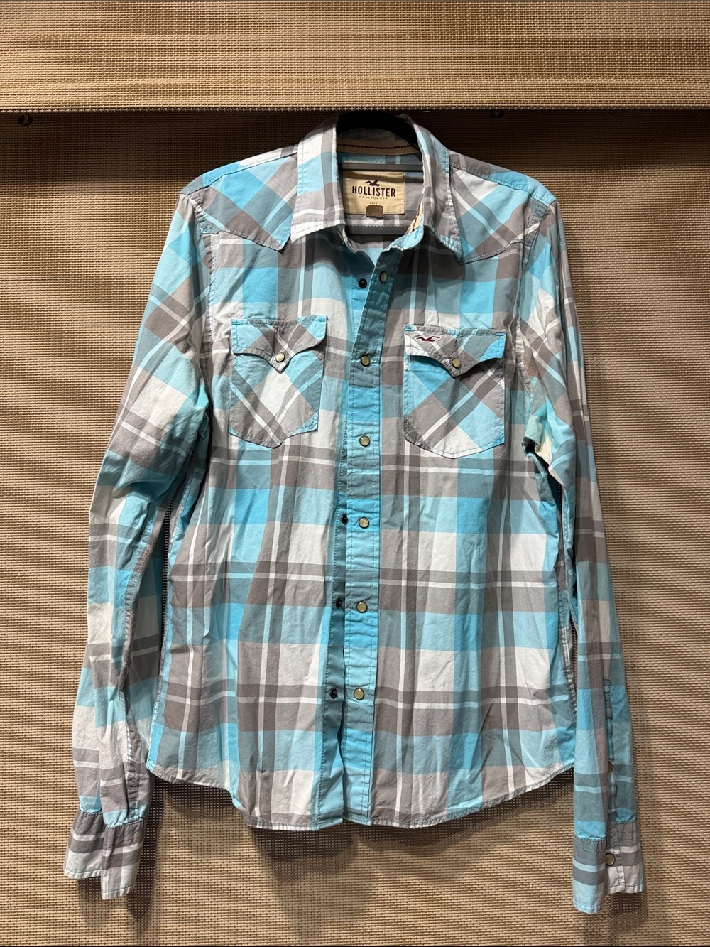 Hollister Turquoise & Gray Plaid Western Button-Down Shirt